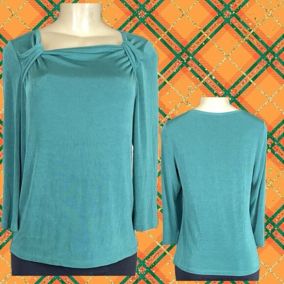 Citiknits S Green Square Detail Neckline Stretch Acetate Blend 3/4 Sleeve Blouse - Picture 1 of 6